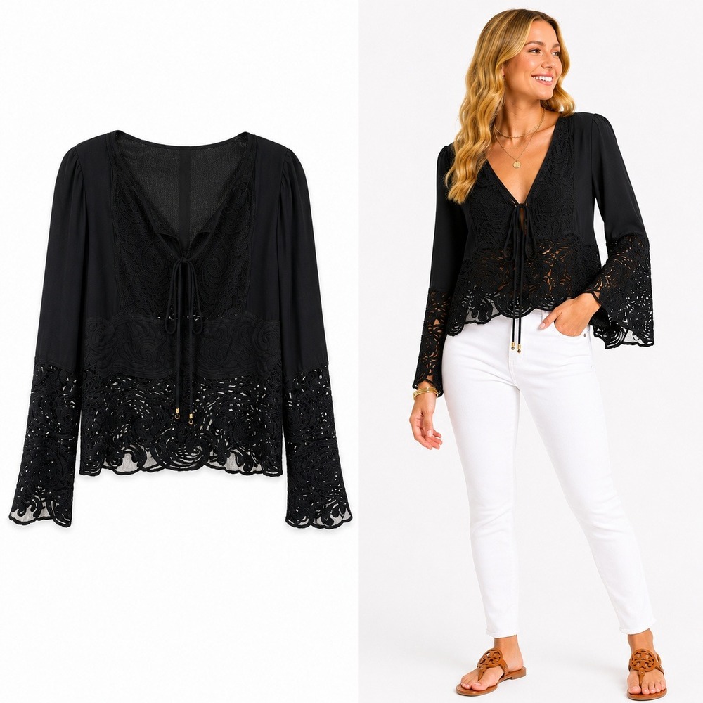Liberty Garden Blouse Womens XS Black Lace Trim Tie Front Boho Bell Sleeve Top